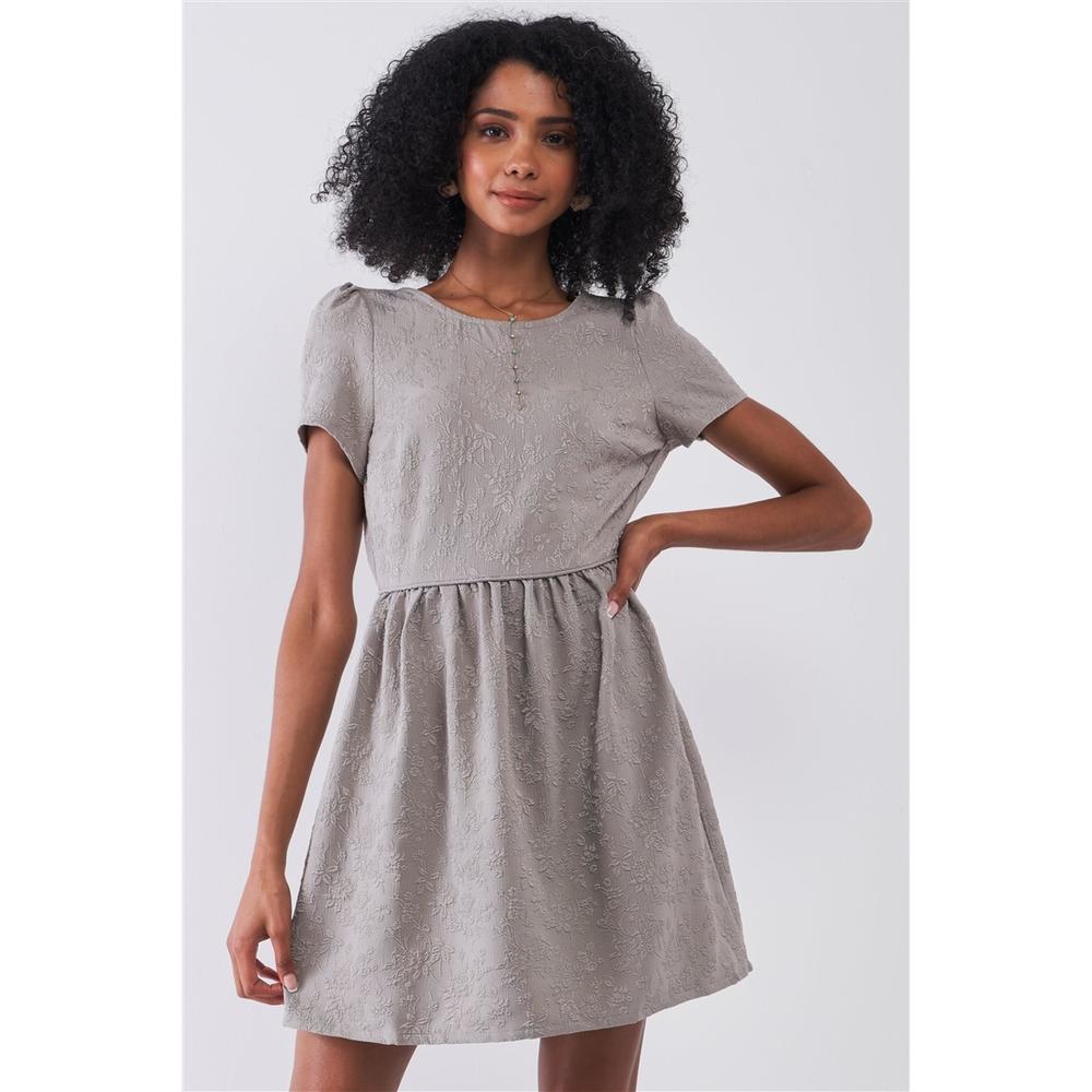 Silver Grey Floral Embroidery Round Neck Short Sleeve Mini Dress O